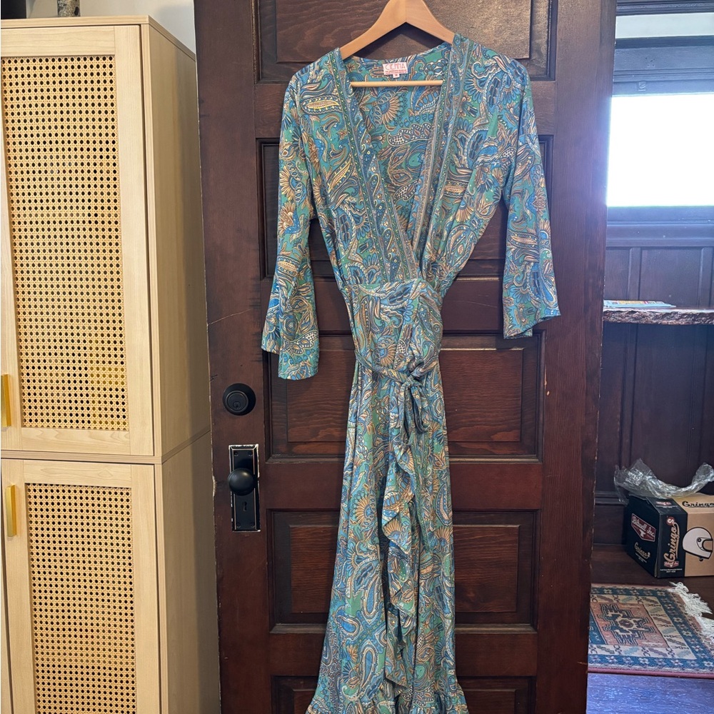 Cienna Blue and Green Paisley Boho Floral Maxi Dress sz M